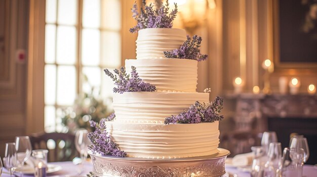 Decoração de mesa de casamento com flores de lavanda doces e bolo