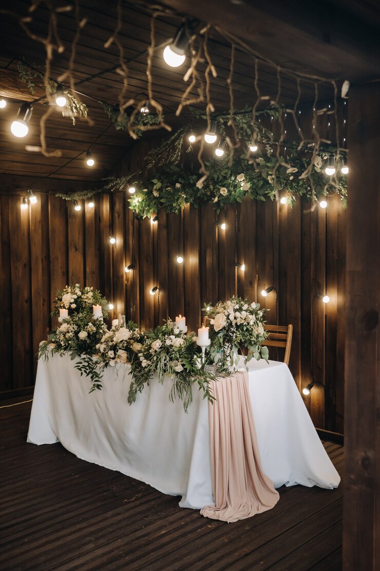 Foto decoração de mesa de casamento com flores na mesa do castelo, decoração de mesa para jantar à luz de velas.