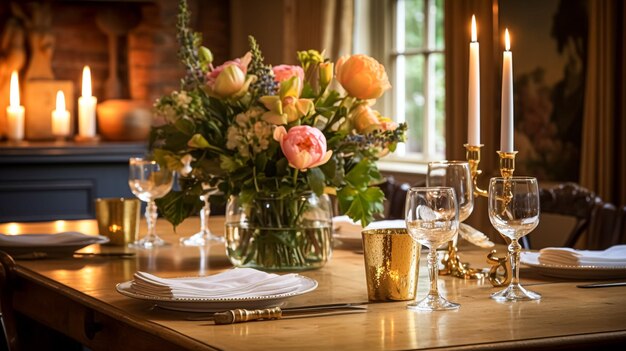 Decoração de mesa de celebração de férias paisagem de mesa festiva na sala de jantar velas e flores decoração para jantar formal de família na casa de campo inglesa design de interiores