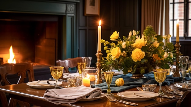 Decoração de mesa de celebração de férias paisagem de mesa festiva na sala de jantar velas e flores decoração para jantar formal de família na casa de campo inglesa design de interiores
