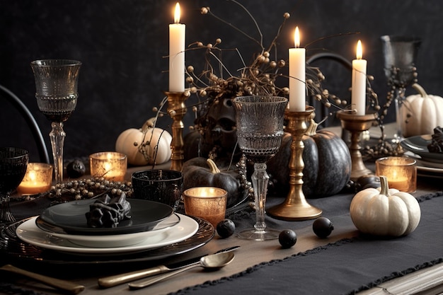 Decoração de mesa de Halloween em cores escuras