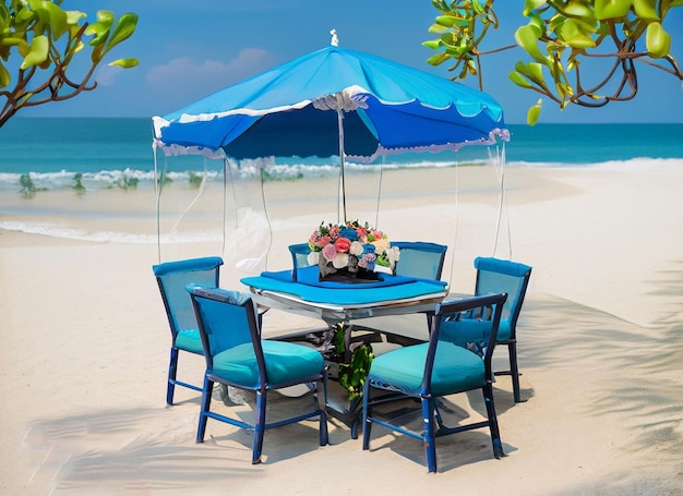 Decoração de mesa de jantar com lâmpada brilhando e cores na praia