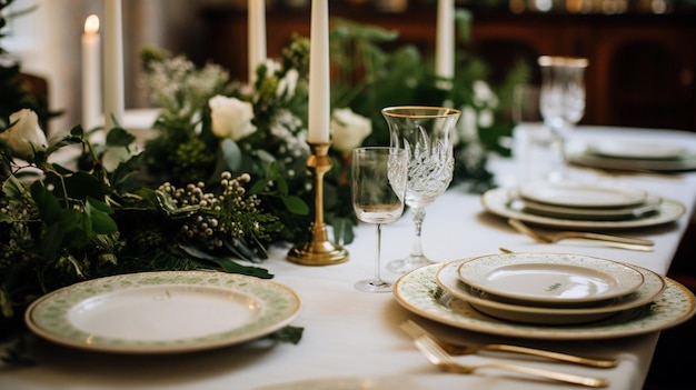 Decoração de mesa de Natal, cenário de mesa de feriado e mesa de jantar, decoração de evento formal para celebração familiar de Ano Novo, país inglês e inspiração de estilo doméstico