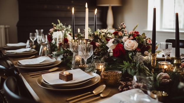 Decoração de mesa de Natal, cenário de mesa de feriado e mesa de jantar, decoração de evento formal para celebração familiar de Ano Novo, país inglês e inspiração de estilo doméstico
