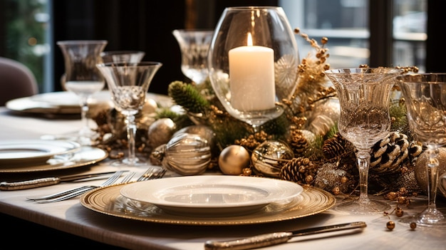 Decoração de mesa de Natal mesa de férias paisagem e mesa de jantar decoração de evento formal para celebração familiar de Ano Novo inspiração de estilo de país e casa inglesa