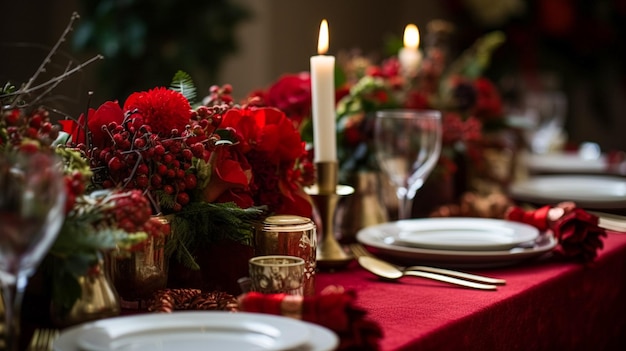 Decoração de mesa de Natal mesa de férias paisagem e mesa de jantar decoração de evento formal para celebração familiar de Ano Novo inspiração de estilo de país e casa inglesa