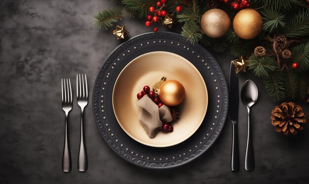 Decoração de mesa de Natal preta com decoração festiva dourada e galhos de abeto