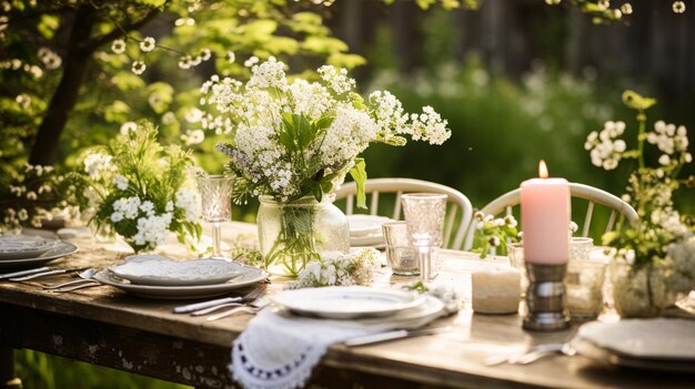 Decoração de mesa mesa de férias paisagem e mesa de jantar em jardim de campo decoração de evento formal para celebração de casamento família inspiração de estilo de casa e país inglês