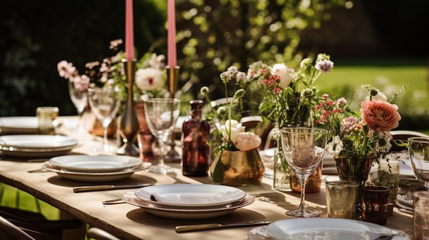 Decoração de mesa mesa de férias paisagem e mesa de jantar em jardim de campo decoração de evento formal para celebração de casamento família inspiração de estilo de casa e país inglês