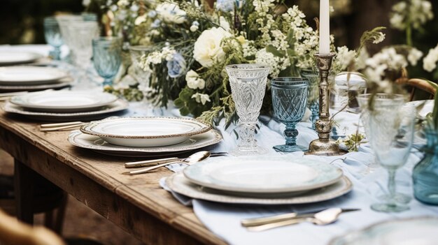 Decoração de mesa mesa de férias paisagem e mesa de jantar em jardim de campo decoração de evento formal para celebração de casamento família inspiração de estilo de casa e país inglês