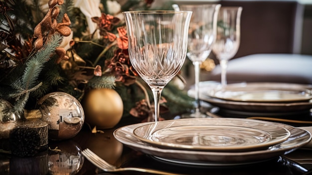 Decoração de mesa para jantar de família festivo em casa mesa de férias paisagem e mesa formal para celebração de casamento estilo de casa e país inglês