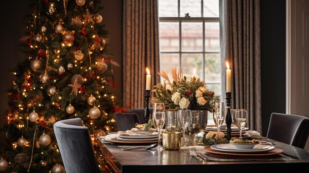 Decoração de mesa para jantar de família festivo em casa mesa de férias paisagem e mesa formal para celebração de casamento estilo de casa e país inglês