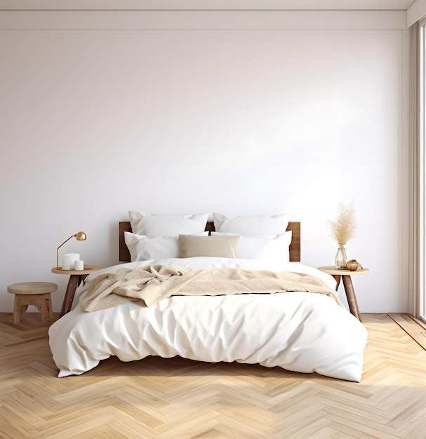 Decoração de móveis de quarto design de interiores minimalista scandi boho piso em parquet de madeira