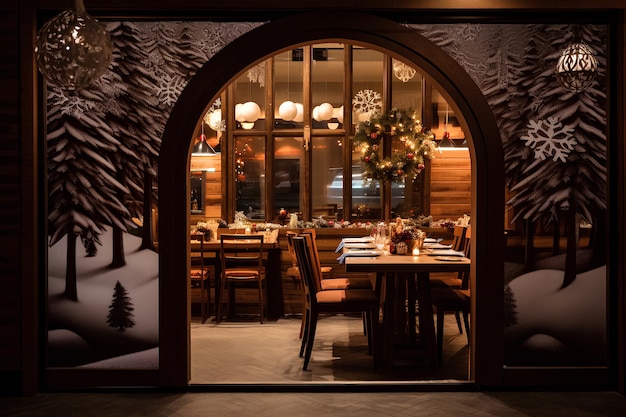 Decoração de Natal à volta da porta de um restaurante