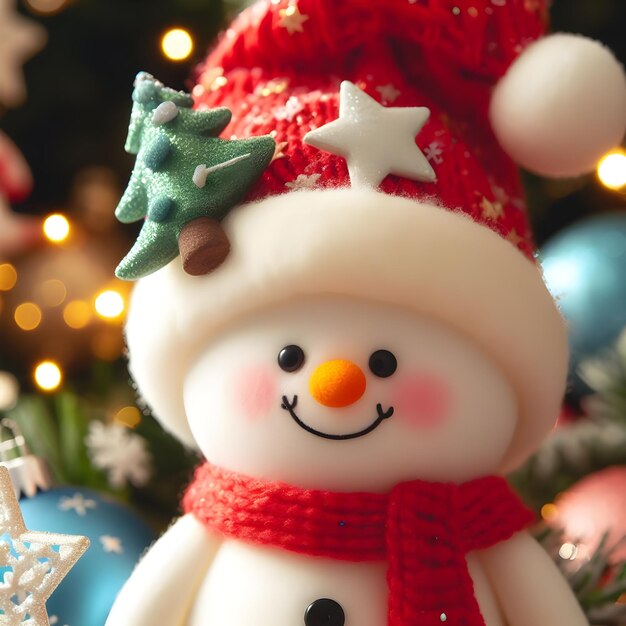 Foto decoração de natal com boneco de neve e árvore de natal em fundo bokeh