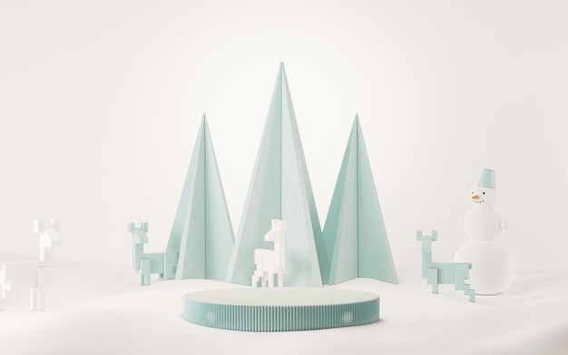 Decoração de Natal com presentes e pinheiros pódio Fundo branco pastel azul renderização 3D