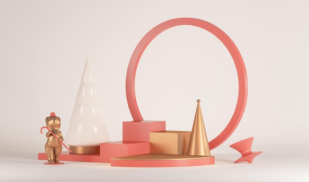 Decoração de Natal com presentes e pódio de pinheiros em fundo vermelho renderização 3D