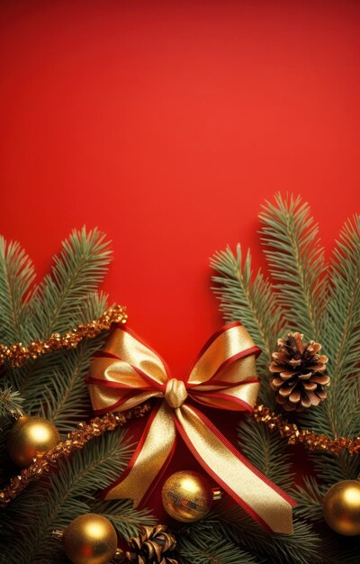 Decoração de Natal com ramos de abeto de Natal com fita dourada decoração vermelha fundo vermelho