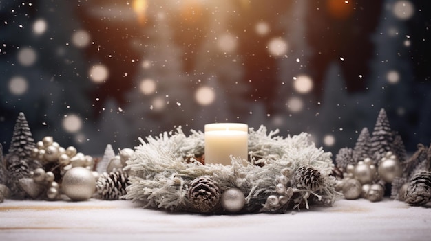 Decoração de Natal com velas acesas e ramos de abeto no fundo da queda de neve