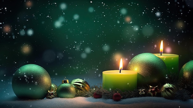 Decoração de Natal com velas e enfeites Modelo de cartão de Natal com velas e bolas de enfeite de férias de inverno AI gerada
