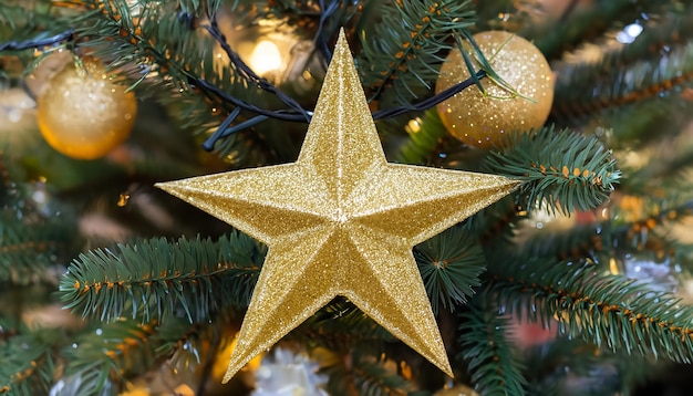 Foto decoração de natal de ouro de cinco estrelas pontiagudas para bruxas na árvore