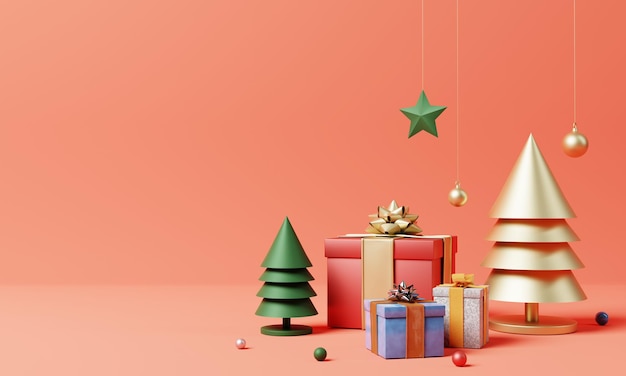 Decoração de Natal definida e enfeite com caixa de presente colorida de árvore de Natal dourada e floco de neve sobre fundo vermelho. Conceito de objeto de festival e minimalismo de férias. Renderização de ilustração 3D