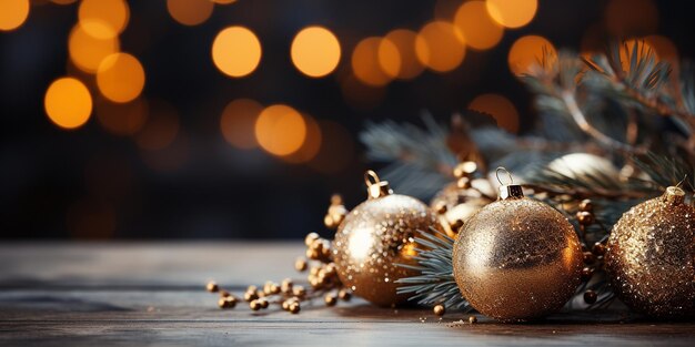 Decoração de Natal em fundo de luzes douradas desfocadas Banner festivo com bolas de ouro Copiar espaço