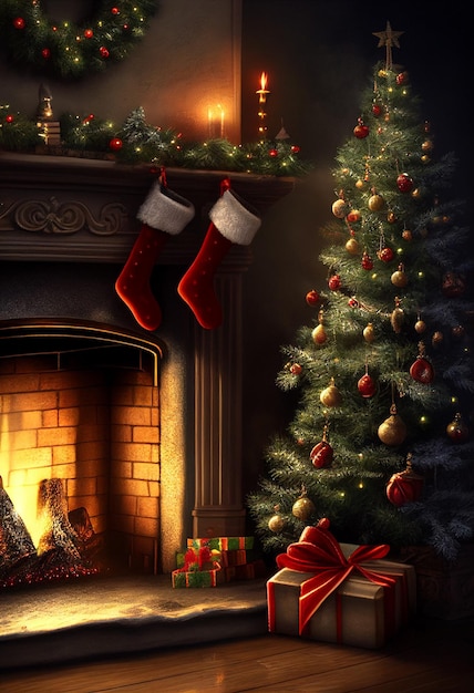 Decoração de Natal em uma casa grande perto de uma lareira em chamas AI Gerado