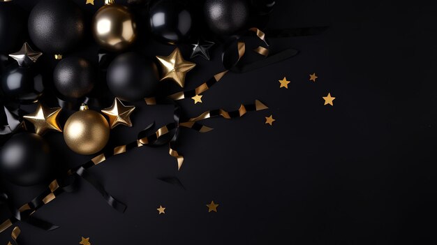 Decoração de Natal feita de estrelas e fitas escuras de bolas de Natal em um fundo escuro