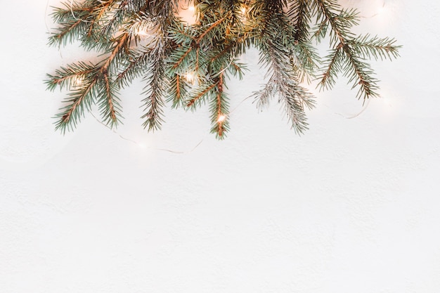 Decoração de Natal mínima feita de galhos de pinheiro e guirlanda de luz dourada, copie o espaço.