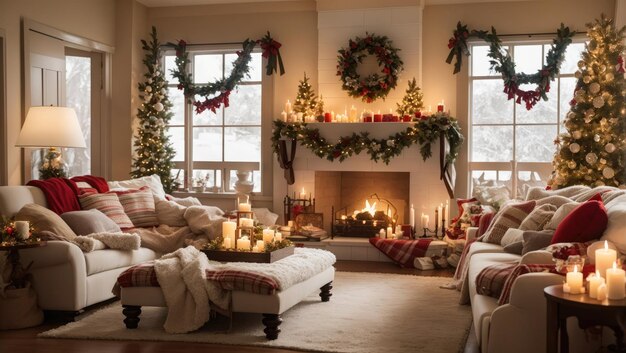 Decoração de Natal na aconchegante sala de estar