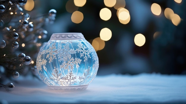 Decoração de Natal na neve com fundo bokeh fechado