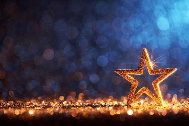 Decoração de ornamento de estrela de Natal dourada cintilante desfocada