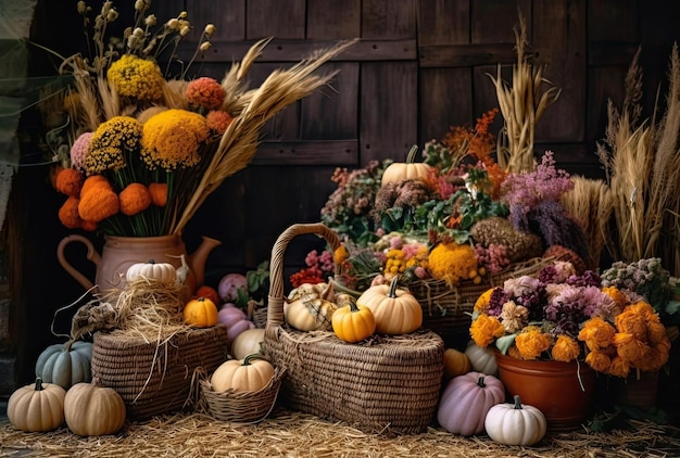 Decoração de outono com legumes e flores em palheiros secos