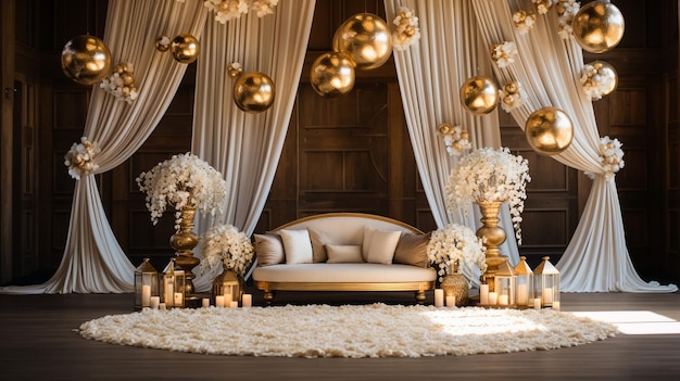 Decoração de palco de casamento com luz e interior de flores