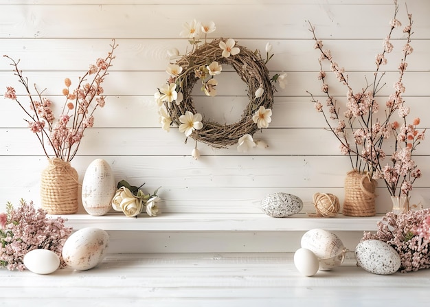 Foto decoração de parede para a primavera decoração de páscoa coroa de páscoa com elementos decorativos em fundo de madeira