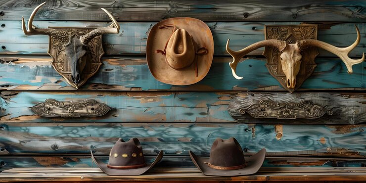 Foto decoração de parede rústica ocidental com placas de madeira montadas com chifres e chapéus de cowboy conceito decoração ocidental rústica arte de parede placas de madeira montadas com cornos chapéus de cowboy