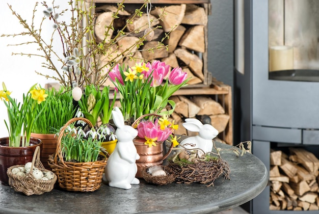 Decoração de páscoa com flores e ovos Tulipas snowdrops e flores de narciso