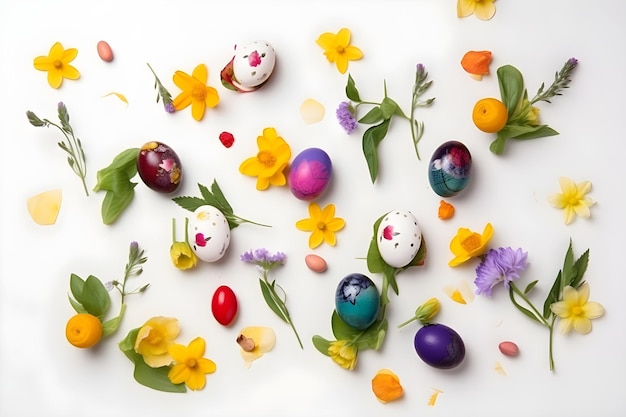 Decoração de Páscoa Composição de Páscoa com ovos coloridos e flores Flat Lay Generative AI