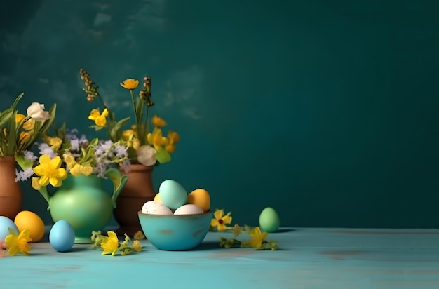 Decoração de páscoa composição de páscoa com ovos coloridos e flores generative ai