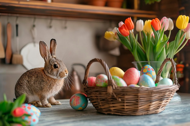 Decoração de Páscoa de ovos coloridos em uma cesta e um coelho na mesa da cozinha em estilo rústico