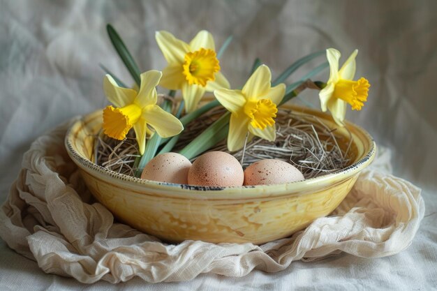 Foto decoração de páscoa tigela rústica ovos manchados e narcisos amarelos vibrantes