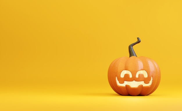 Decoração de personagens de abóbora de Halloween com rosto sorridente em um fundo amarelo alaranjado