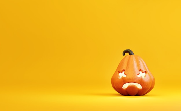 Decoração de personagens de abóbora de Halloween de humor triste em um fundo amarelo alaranjado