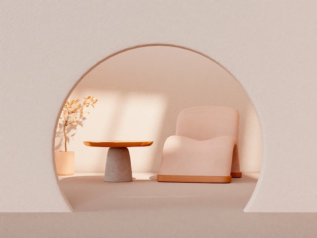 Decoração de quarto 3D com móveis em tons bege minimalistas
