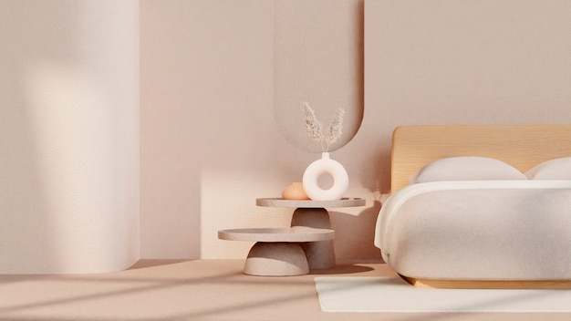 Foto decoração de quarto 3d com móveis em tons bege minimalistas