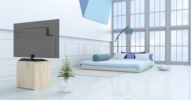 Decoração de quarto branco luz azul cama, travesseiros, janela, lâmpada azul, travesseiro, parede, TV.
