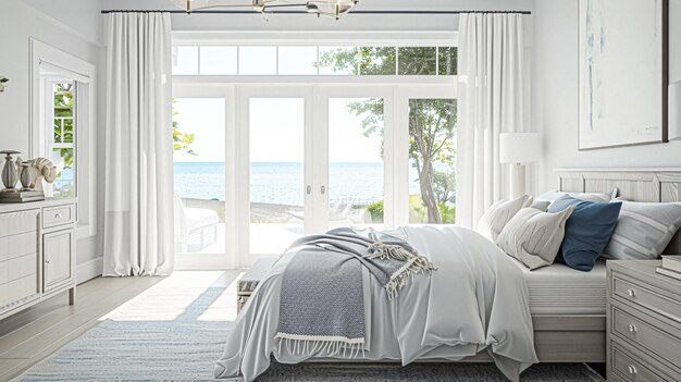 Decoração de quarto de cabana costeira branca design de interiores e decoração de casa cama com roupas de cama elegantes e móveis sob medida casa de campo inglesa e aluguel de férias