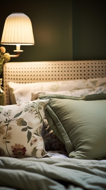 Decoração de quarto de casa de campo moderna design de interiores e decoração de casa lençol de cama e elegante cama de campo lâmpada e flores inspiração de estilo de casa rural inglesa