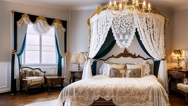 Decoração de quarto de hotel de luxo de inspiração vitoriana com cama de dossel, cortinas de renda e móveis antigos